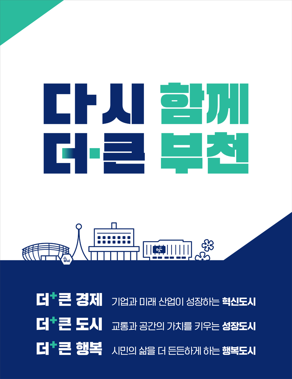 다시함께 더큰부천 더+큰경제 기업과 미래 산업이 성장하는 혁신도시 더+큰 도시 교통과 공간의 가치가 키우는 성장도시 더 +큰 행복 시민의 삶을 더 든든하게 하는 행복도시